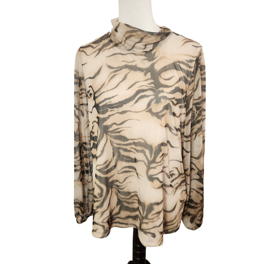 Chico's Size 3 Womens XL Tiger Print Mesh Mock Neck Top Brown Sheer Turtleneck - Picture 8 of 8